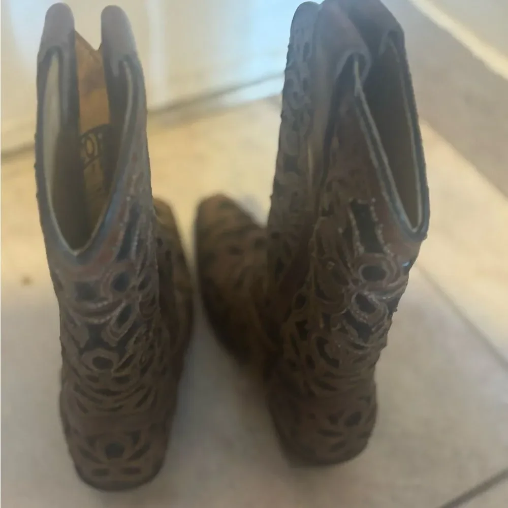 A4083g glitter INLAY FLORAL OVERLAY CRYSTALS & STUDS BROWN SNIP TOE COWBOY BOOT